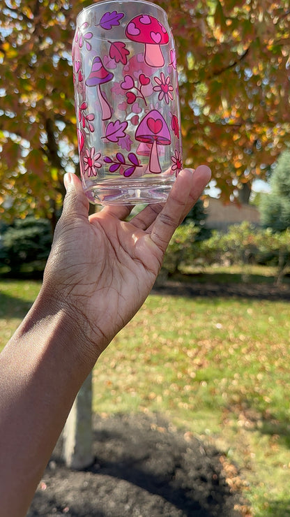 Pink Mushroom 16 oz Glass Cup